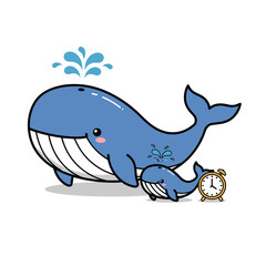 Fototapeta premium Whale cartoon playing with alarm clock