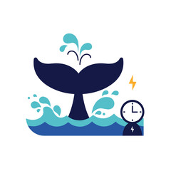 Whale tail with water splash and alarm clock