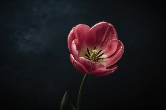 Floral scanography art featuring a tulip set against a dark backdrop, ideal for wedding invites and floral-themed cards