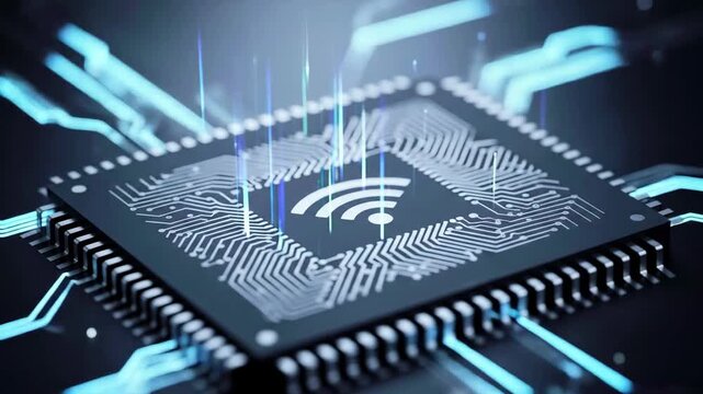 Close-up view of a microchip with wireless signal representation, showcasing technology and innovation