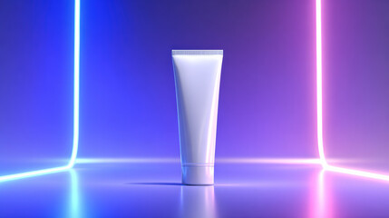 Realistic sunscreen tube stands prominently against vibrant backdrop of blue and pink neon lights, showcasing its sleek design and modern aesthetic. product exudes sense of freshness