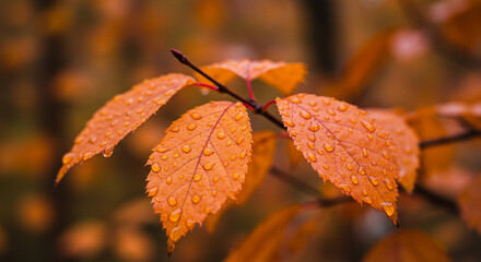Vibrant orange autumn leaves glisten with fresh raindrops, capturing the season's beauty and renewal.