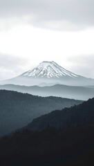 Fototapeta premium Cinematic and atmospheric vertical landscape of Mount Fuji in Japan rising above layers of foggy, dark forest