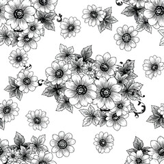 Flowers: A seamless floral pattern of various daisy-like flowers and leaves, in a detailed, black and white botanical style.