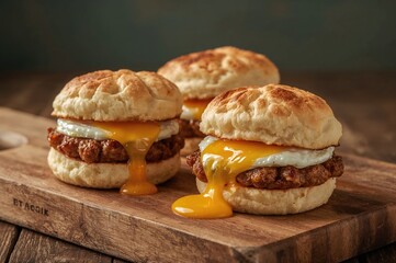 Mini breakfast sandwiches with egg, sausage, and cheese on rustic biscuits