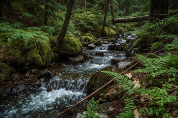 A narrow creek winding through thick evergreen woods with clear water, mossy stones, abundant ferns, and vivid vegetation in detail.