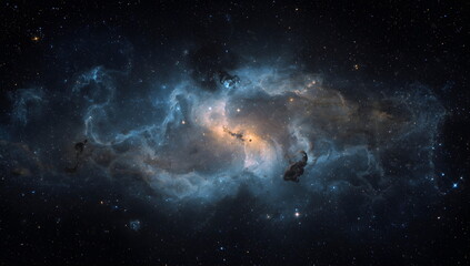 Cinematic and awe-inspiring deep space view of a beautiful swirling blue and gold nebula or distant galaxy