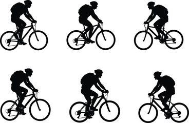Cyclist Silhouettes Vector Set, Mountain Biking Riders with Helmet and Backpack, Outdoor Adventure, Fitness Sport, Bicycle Riding Illustration
