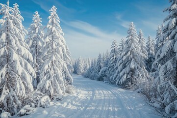 Obraz premium Snowy forest trail meandering through a quiet, icy wilderness beneath a clear azure sky.