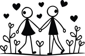 Simple Stick Figures Holding Hands Amid Heart Plants and Floating Hearts Illustration