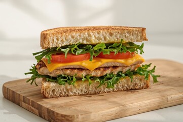 Chicken breast sandwich with cheese, tomato, and greens