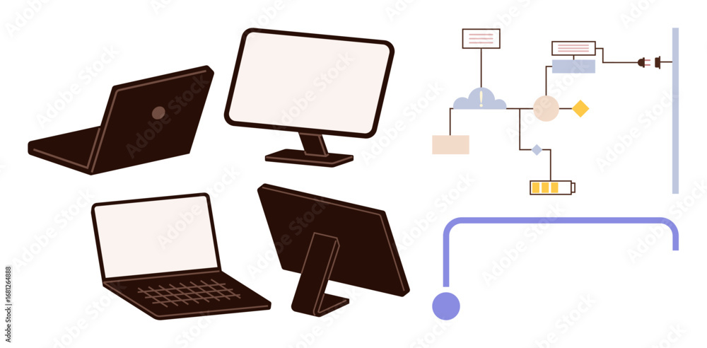 Poster laptops, computers, and a simplified flowchart represent technology-driven workflows. ideal for busi