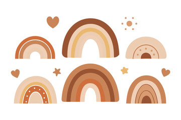 Six EarthToned Rainbow Illustrations with Hearts and Stars on a White Background