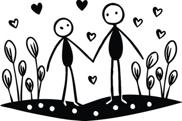 Stick Figures Holding Hands in Doodle Style with Hearts and Plants Illustration