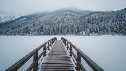Classic timber bridge spanning icy lake amidst mountainous terrain