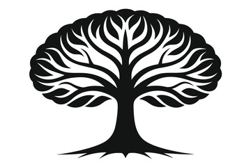 Stylized Black Tree Silhouette with Intricate Branches and Root Structure on White Background