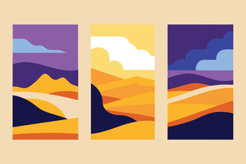Three Abstract Minimalist Landscape Illustrations Featuring Mountains, Hills, and Clouds in Yellow, Orange, Blue, and Purple Tones