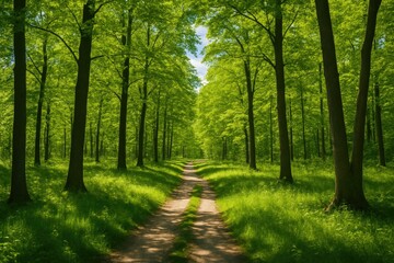 Naklejka premium Serene forest setting with a pathway surrounded by dense foliage and high trees, highlighted by sunlight filtering through the leaves.