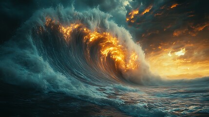 Fototapeta premium Dramatic ocean wave with golden light and stormy clouds breathtaking photo composition