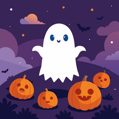 Cute Halloween Illustration with Ghost Pumpkins Bats and Clouds in a Purple Night Sky Perfect for Holiday Greetings and Festive