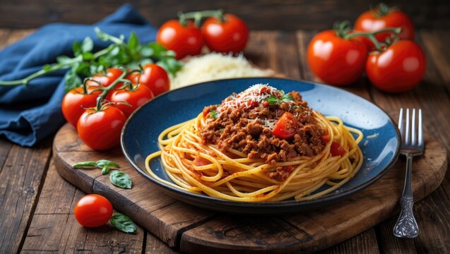 Authentic spaghetti Bolognese from Italy presented on a wooden table