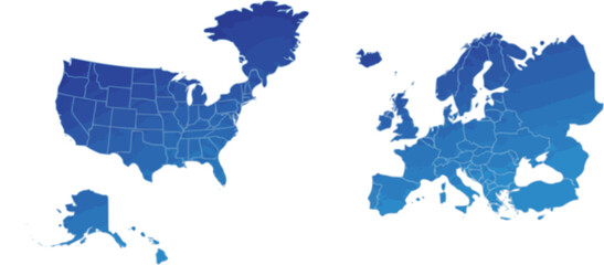 Vector illustration of USA and Europe maps in blue shades, showcasing geographical outlines with a modern, minimalist design on white background.
