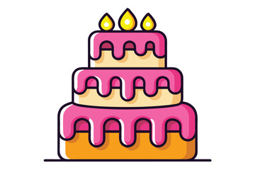 ThreeTiered Birthday Cake with Pink Glaze and Candles Illustration Isolated