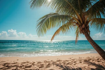 Obraz premium The artwork beautifully portrays a serene tropical shoreline, featuring a palm tree beside the sparkling azure sea and warm sandy beach.