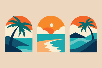 Tropical Beach in Arches with Palm Trees and Sunset Illustration