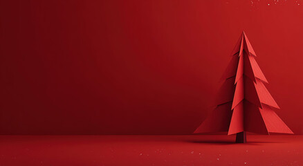 Red origami Christmas tree - Pure red background - Festive decoration concept
