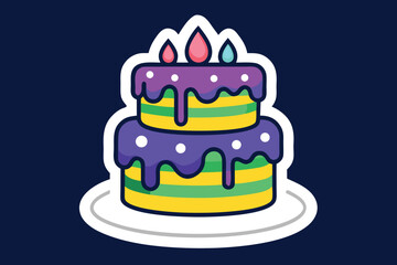 TwoTiered Cake with Colorful Layers, Purple Icing, and Candles Illustration on Plate