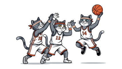 Basketball Cats: A dynamic illustration captures cats in animated sportswear, engaged in an exciting basketball game, with one cat poised to shoot the ball, showcasing teamwork.