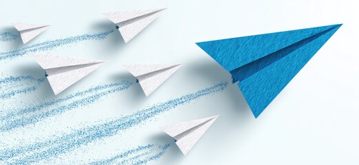 A single blue paper airplane leads a flight of white ones,  all soaring against a light-blue background with trails