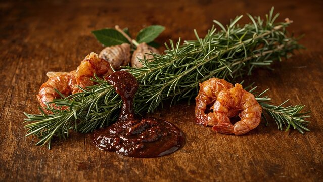 Classic rosemary paired with mole sauce and dried shrimp on a rustic wooden surface