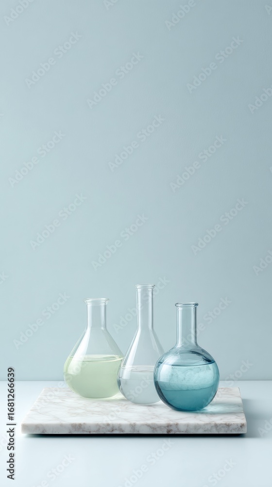 Poster colorful laboratory flasks with liquids displayed on a marble surface against a light gray backgroun