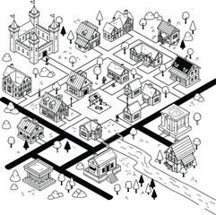 Map: A detailed isometric line art illustration of a medieval-style town with a castle, houses, and a river.