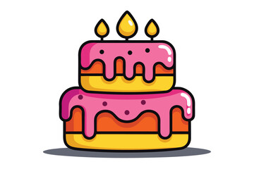 TwoTiered Cartoon Birthday Cake with Pink Frosting and Three Yellow Candles Illustration
