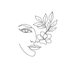 Elegant woman face with flower and leaves line art