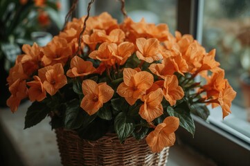 Basket of trailing apricot begonias placed beneath a window with selective focus