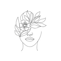 Elegant woman face with flower and leaves line art