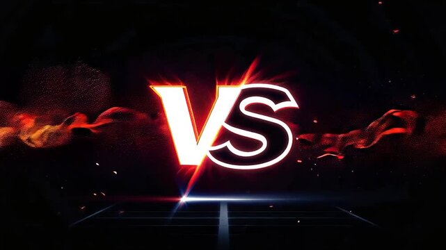 Futuristic sports broadcast animation in 4K, glowing red VS blue letters with dramatic explosive particles
