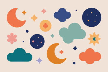 Whimsical Celestial and Floral Pattern Moons, Stars, Clouds, and Flowers on Beige Background