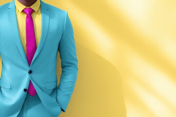 African American man in a vibrant blue suit and pink tie stands confidently against a bright yellow wall, showcasing modern fashion and bold color choices