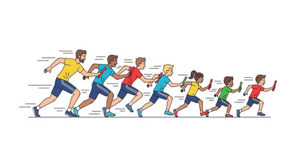 Relay Race in Action: Dynamic vector graphic of a relay race, capturing the energy of competition and teamwork with runners passing batons. 