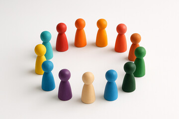 Wooden peg figures of different colors in circular alignment on white surface symbolizing inclusion and diversity.