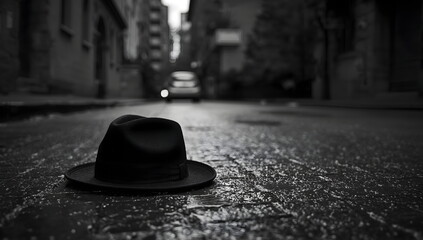 Cinematic black and white film noir scene of a fedora hat lying on a wet city street at night