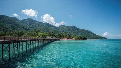 Obraz premium Peaceful holiday destination featuring a wooden footbridge and scenic mountain views