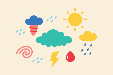 Whimsical Weather Icons Sun, Clouds, Rain, Lightning, Tornado, Wind, and Blood Drop Illustration