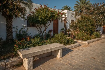 Classic bleached stone seating along a bustling urban street