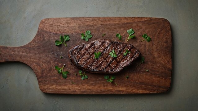 Wooden board display of a classic wagyu bavette steak viewed from above